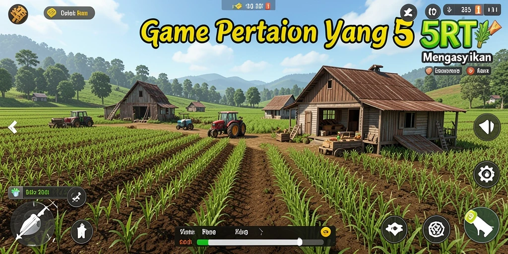 Screenshot 5RT menunjukkan petani merawat tanaman di ladang hijau.