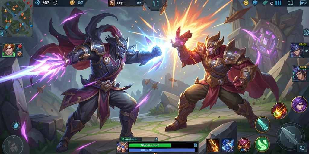 Screenshot gameplay epik 8QR dengan pertarungan intens.