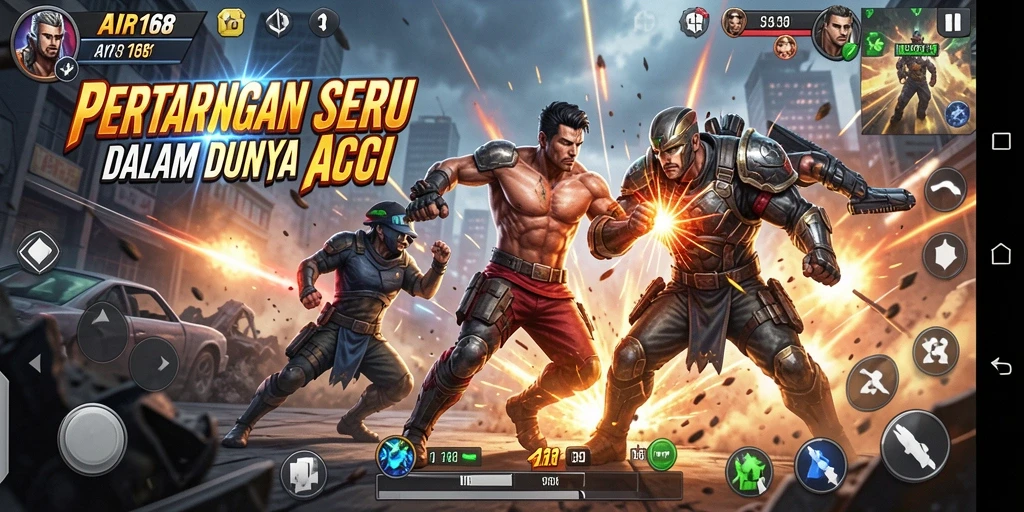 Tangkapan layar yang menampilkan aksi epik dalam game Action.