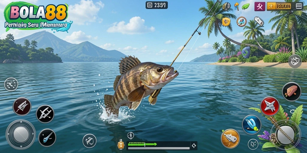 Screenshot gameplay BOLA88 menampilkan momen menangkap ikan di lautan.