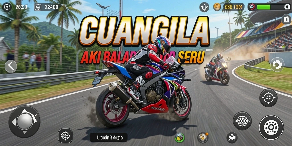 Screenshot gameplay CUANGILA menampilkan aksi balap motor yang mendebarkan.