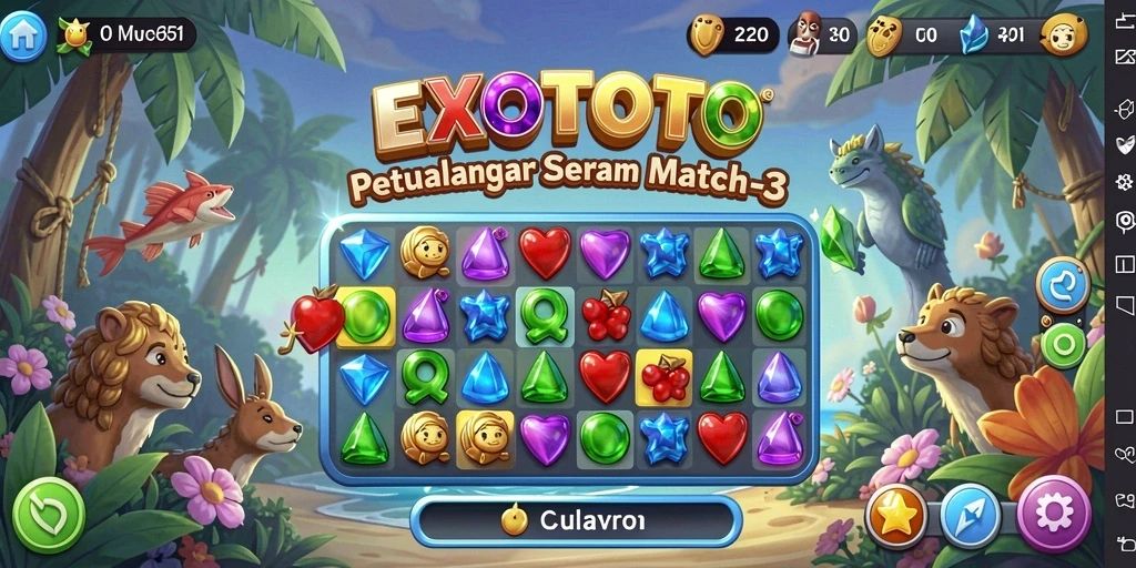 Screenshot utama EXOTOTO menampilkan gameplay match-3 yang seru dan menantang.
