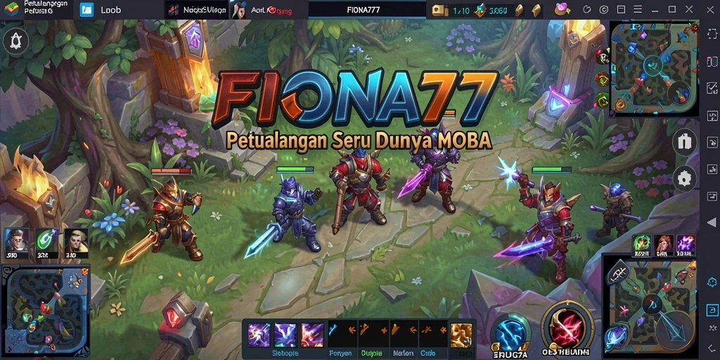 Tampilan gameplay FIONA77 yang menampilkan pertempuran MOBA yang intens.