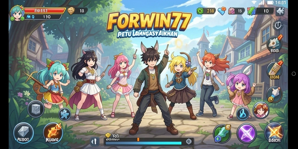 Tampilan gameplay seru dalam FORWIN77 dengan karakter Anime yang menarik.