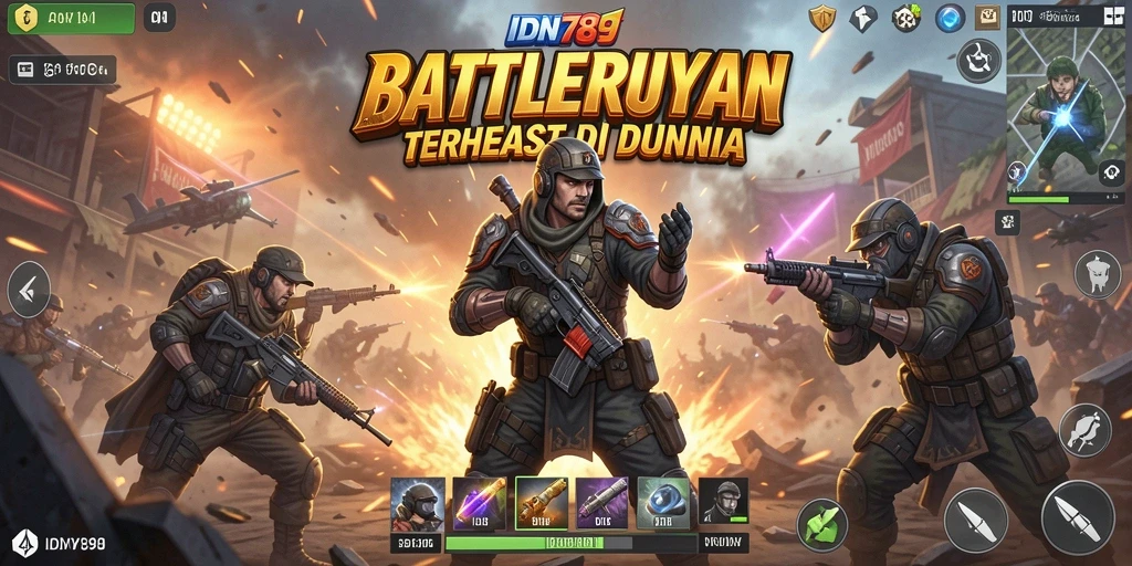 Screenshot utama IDN789 dengan tampilan pertempuran seru di medan perang.