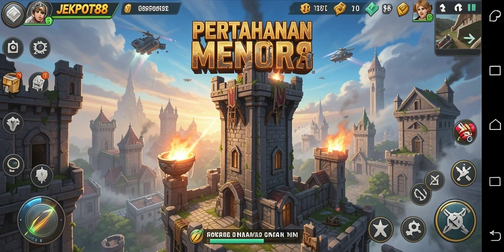 Tampilan ikonik JEKPOT88 saat pertahanan menara melawan gelombang musuh.