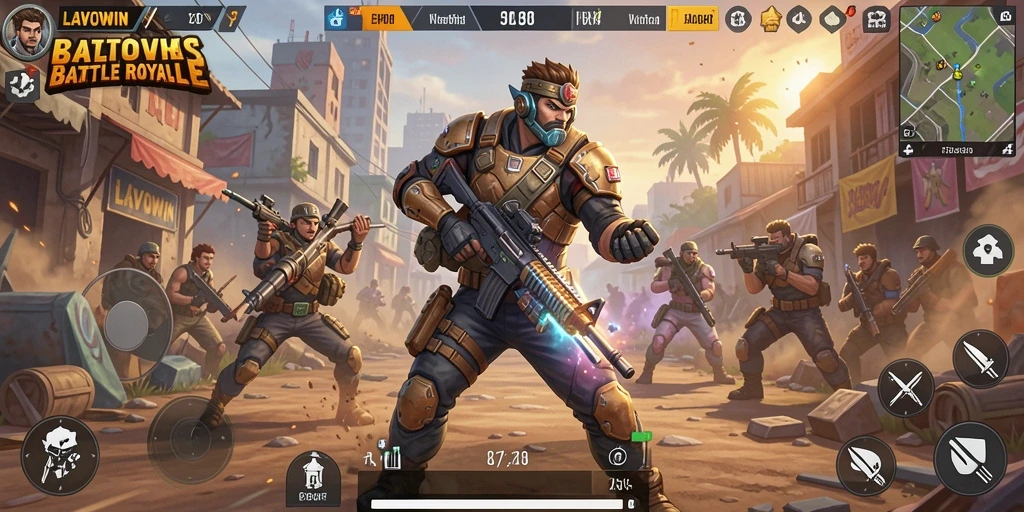 Screenshot gameplay LAVOWIN menampilkan aksi pertarungan Battle Royale yang mendebarkan.