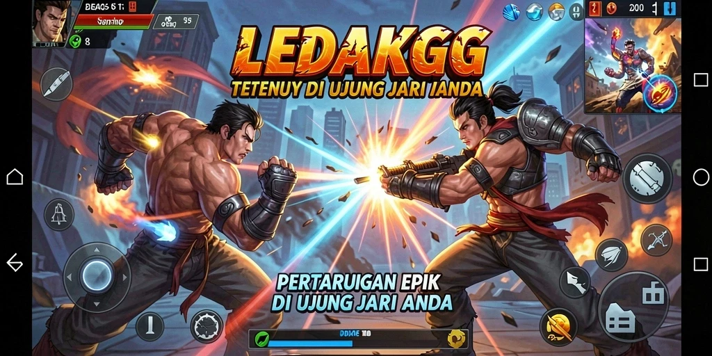 Tampilan gameplay LEDAKGG dengan pertarungan seru karakter yang beragam.