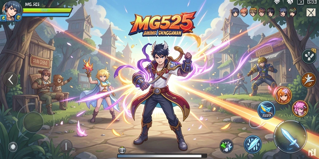 Screenshot MG525 menampilkan pertempuran seru dengan karakter anime ikonik.