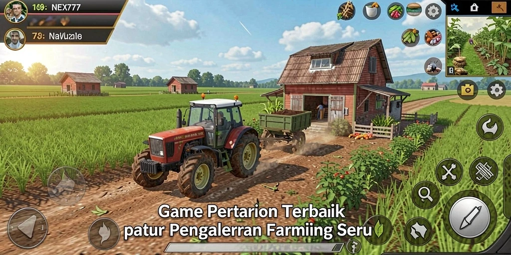 Tampilan gameplay NEX777 dengan ladang yang indah dan beragam tanaman.