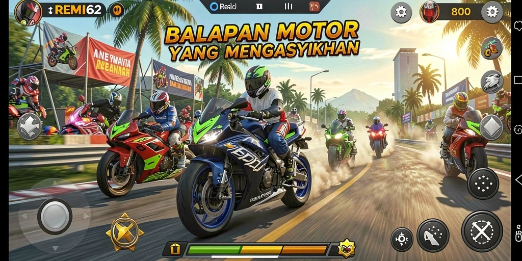 Screenshot utama REMI62 memperlihatkan aksi balapan yang mendebarkan.