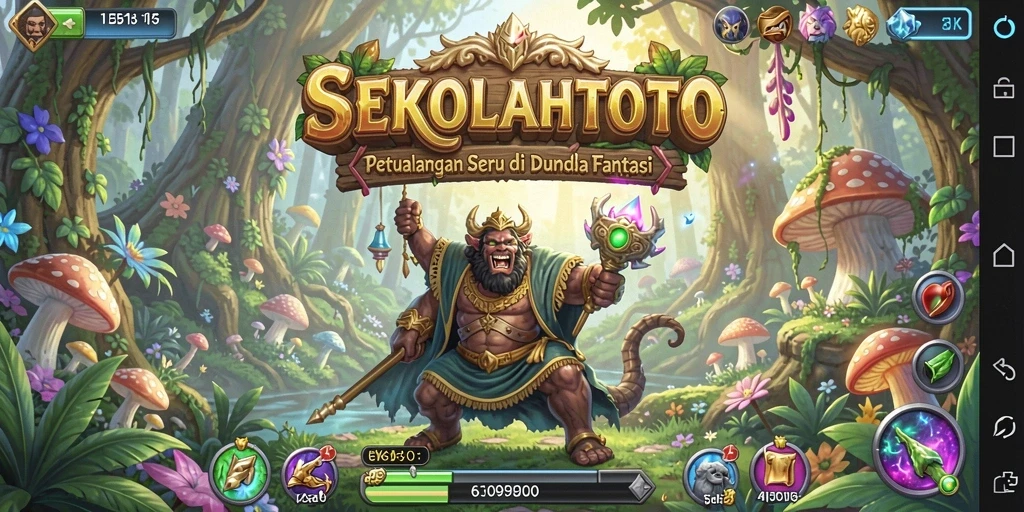 Screenshot gameplay SEKOLAHTOTO yang menunjukkan pertempuran epik di dunia fantastis.