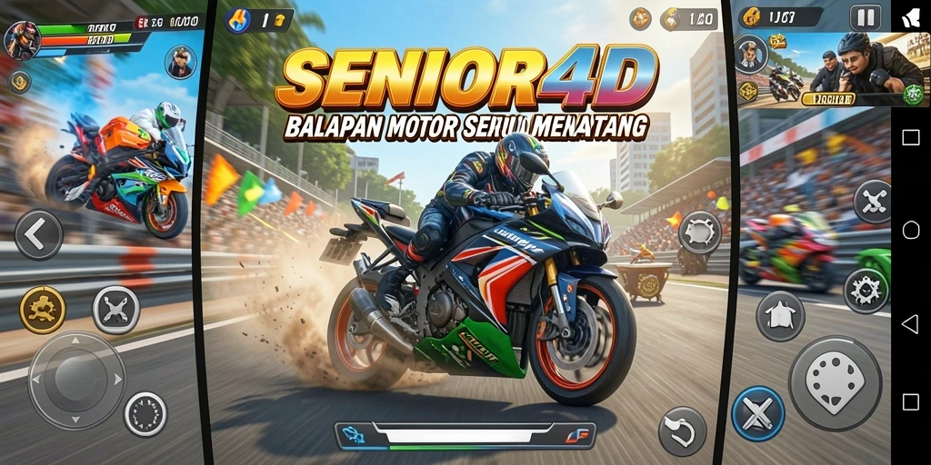 Tampilan gameplay yang mendebarkan dari SENIOR4D di lintasan balapan.