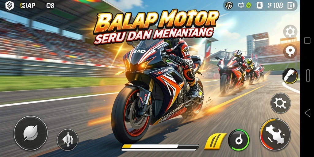 Screenshot gameplay SIAP108 menampilkan balapan motor yang mendebarkan.