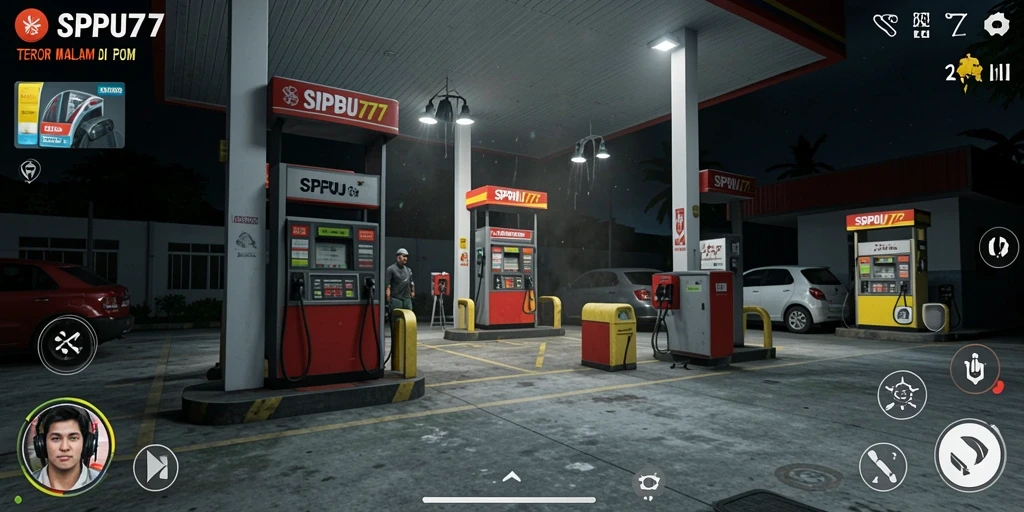 Screenshot menampilkan momen menegangkan gameplay SPBU77 di pom bensin.