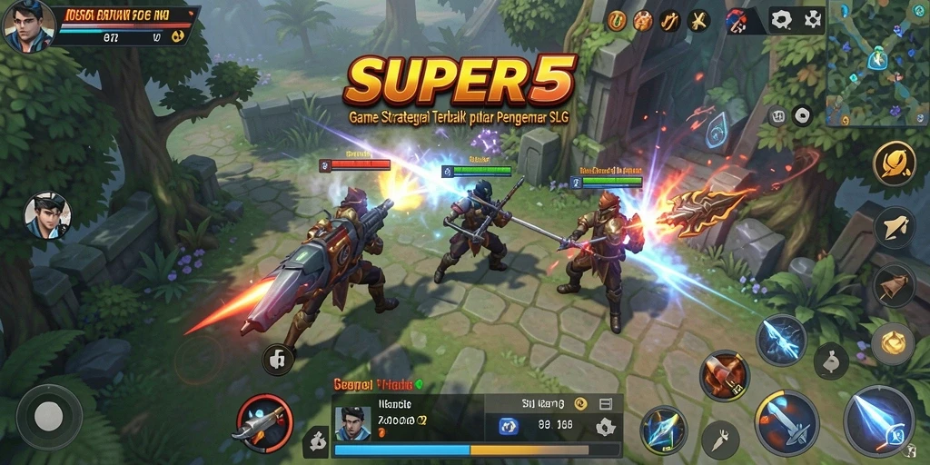 Tangkapan layar utama SUPER5 menunjukkan aksi strategi yang mendebarkan.