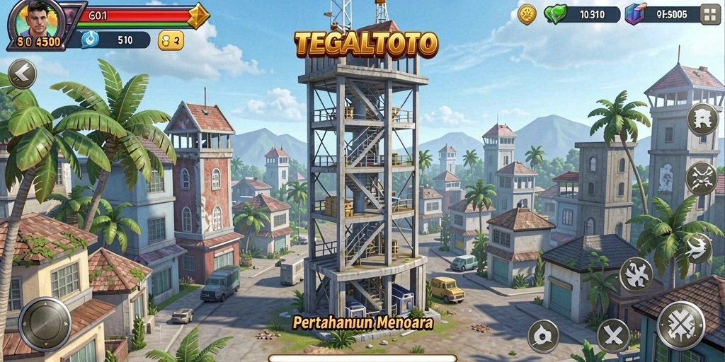 Menara bertahan melawan gelombang musuh yang mengancam.